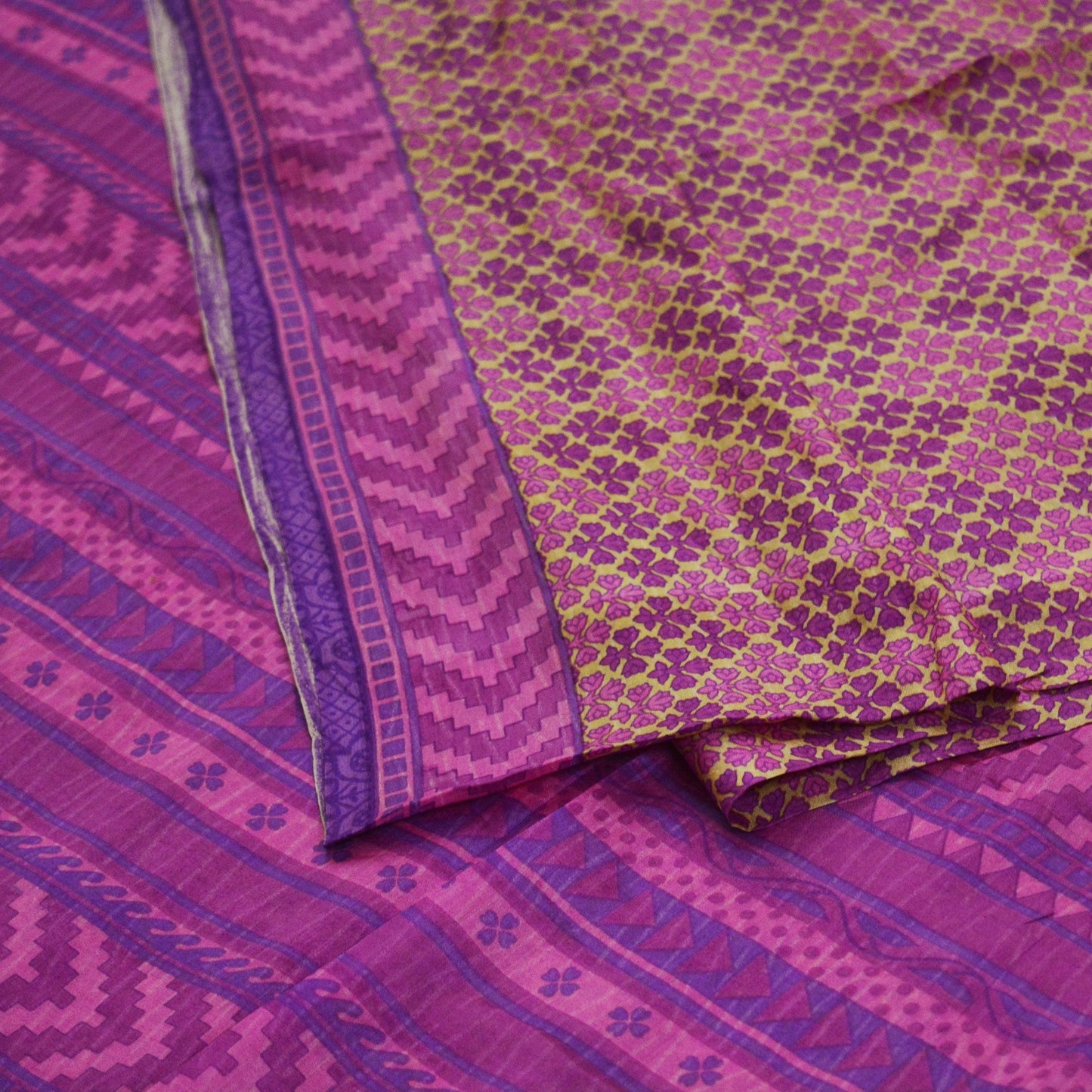 Indian Vintage Sari Beige & Purple 100% Pure Silk Printed Saree 5yd Sewing Craft Fabric DressMaking Soft Floral
