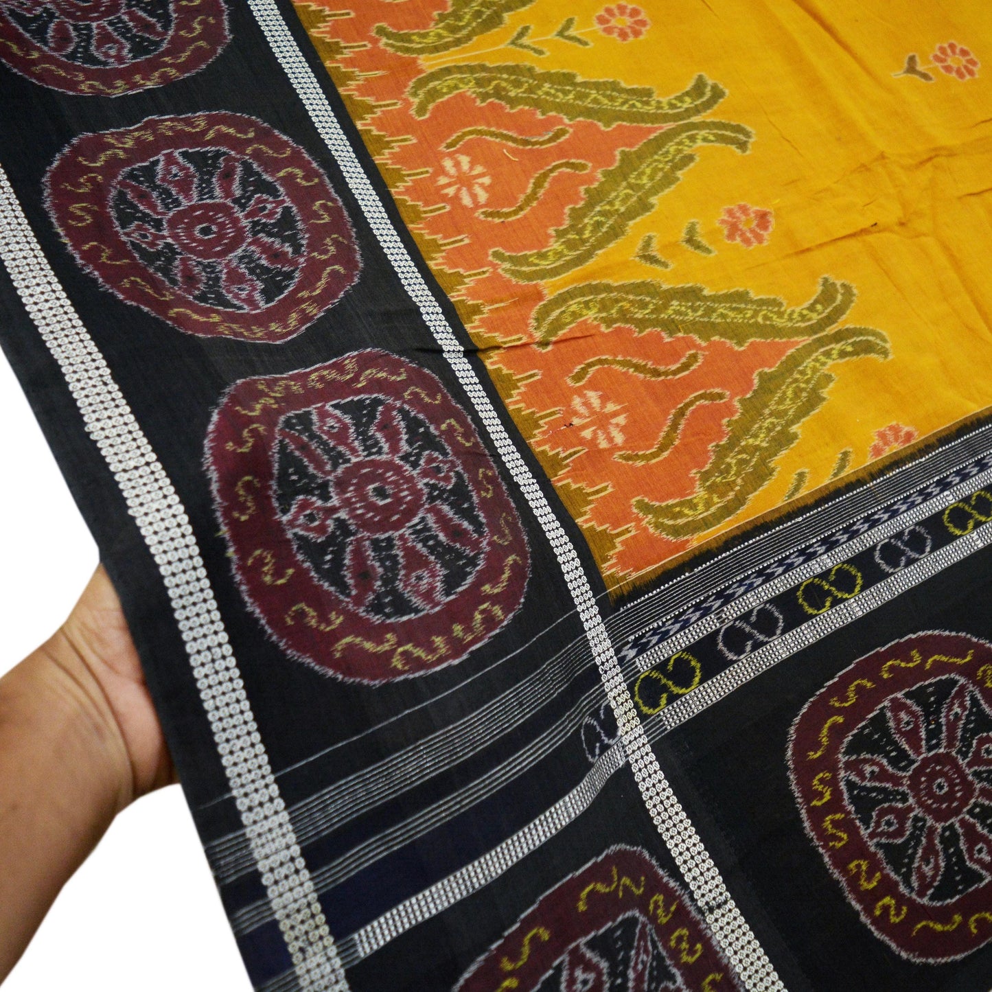 Indian Vintage Black & Mustard Hand woven Sambalpuri Ikat Saree Pure Cotton Indian Sari Fabric 5Yard Ethnic Chackra Border