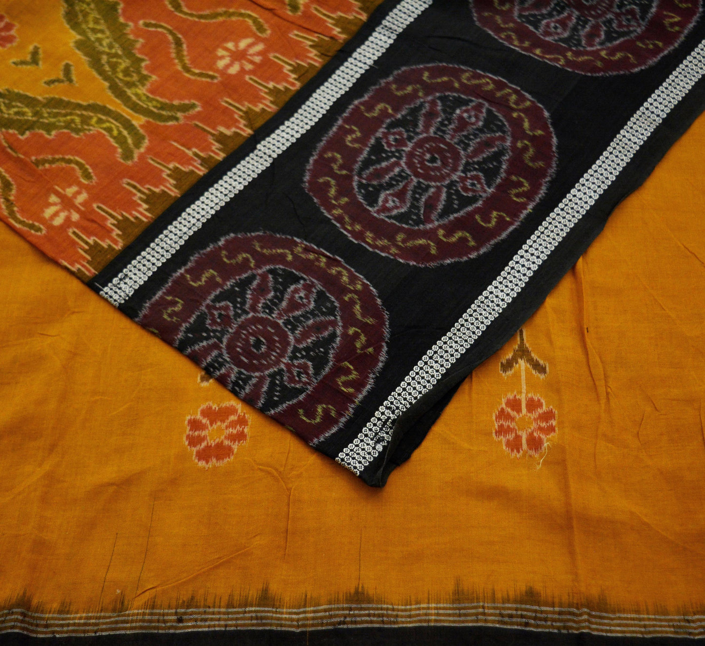 Indian Vintage Black & Mustard Hand woven Sambalpuri Ikat Saree Pure Cotton Indian Sari Fabric 5Yard Ethnic Chackra Border