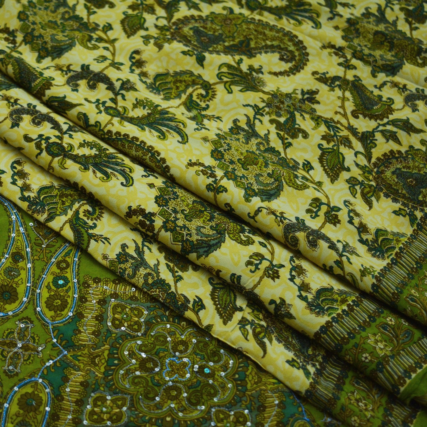 Indian Vintage Sari Green & Beige Pure Crepe Silk Hand Embroidered Saree 5yard Sewing Floral Craft Sequins