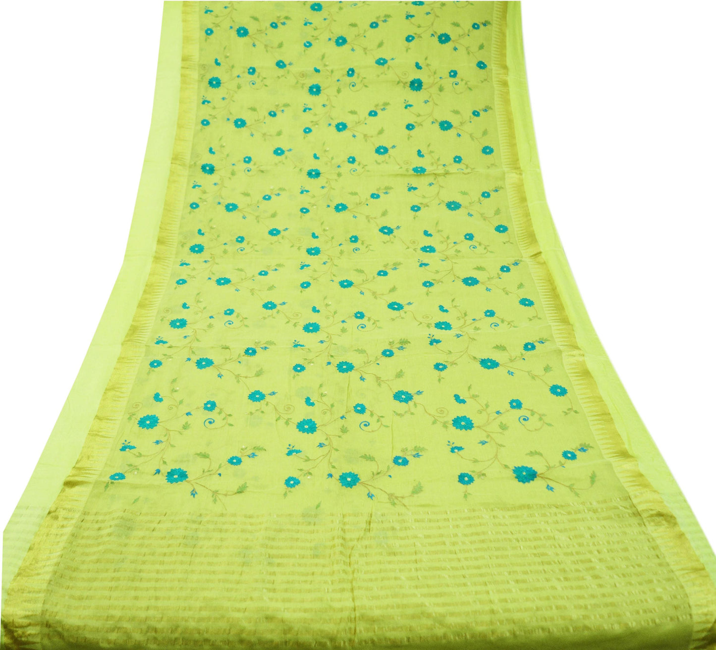 Indian Vintage Green Saree Pure Georgette Silk Hand Embroidered Indian Sari Fabric 5Yard Sewing Soft Ethnic