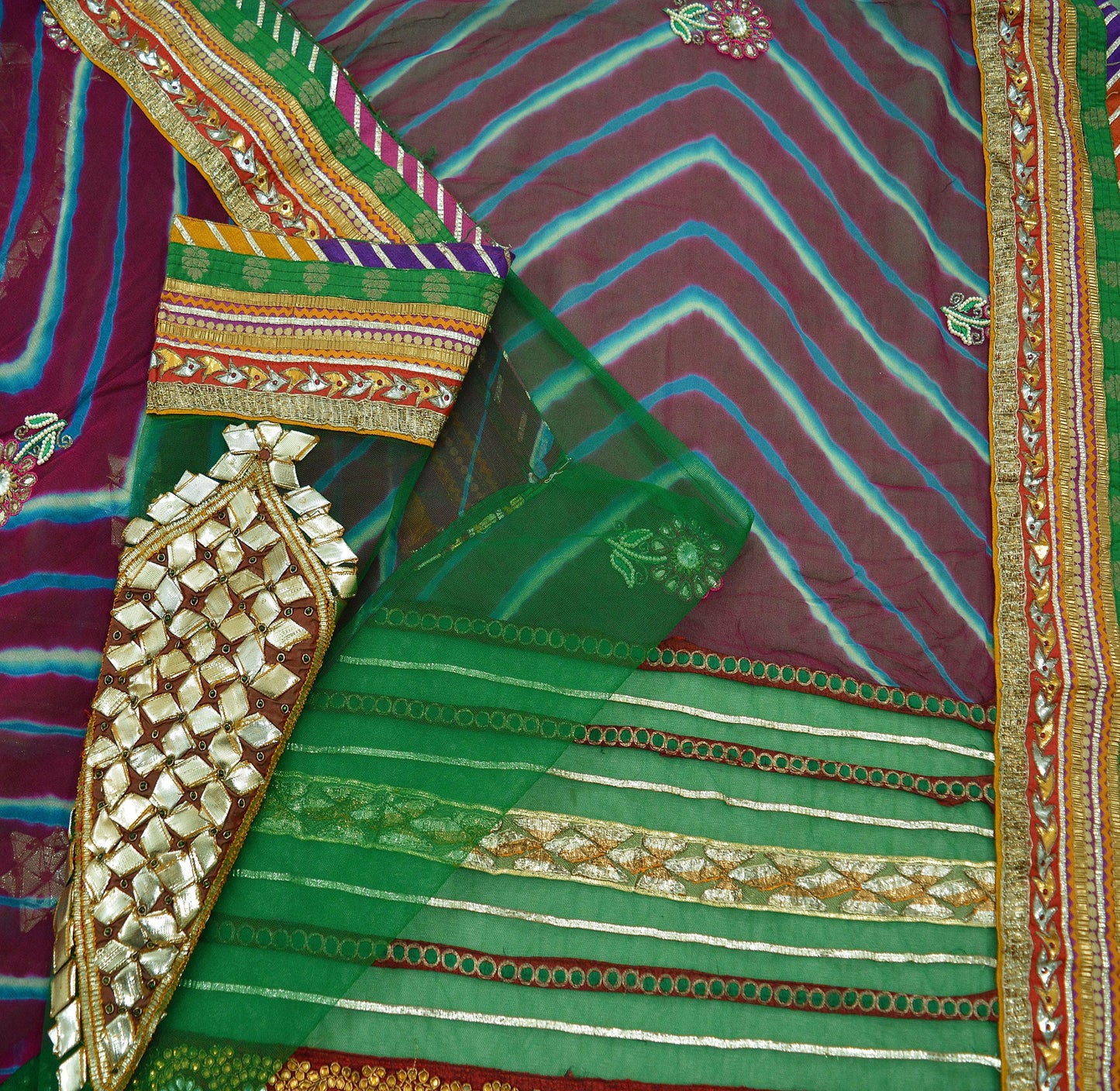 Indian Vintage Sari Green & Purple Pure Georgette Silk Net/Mesh Hand Beaded Leheria Sarees Fabric 5Yd Sewing Ethnic Gota Patti Zardozi/Dabka