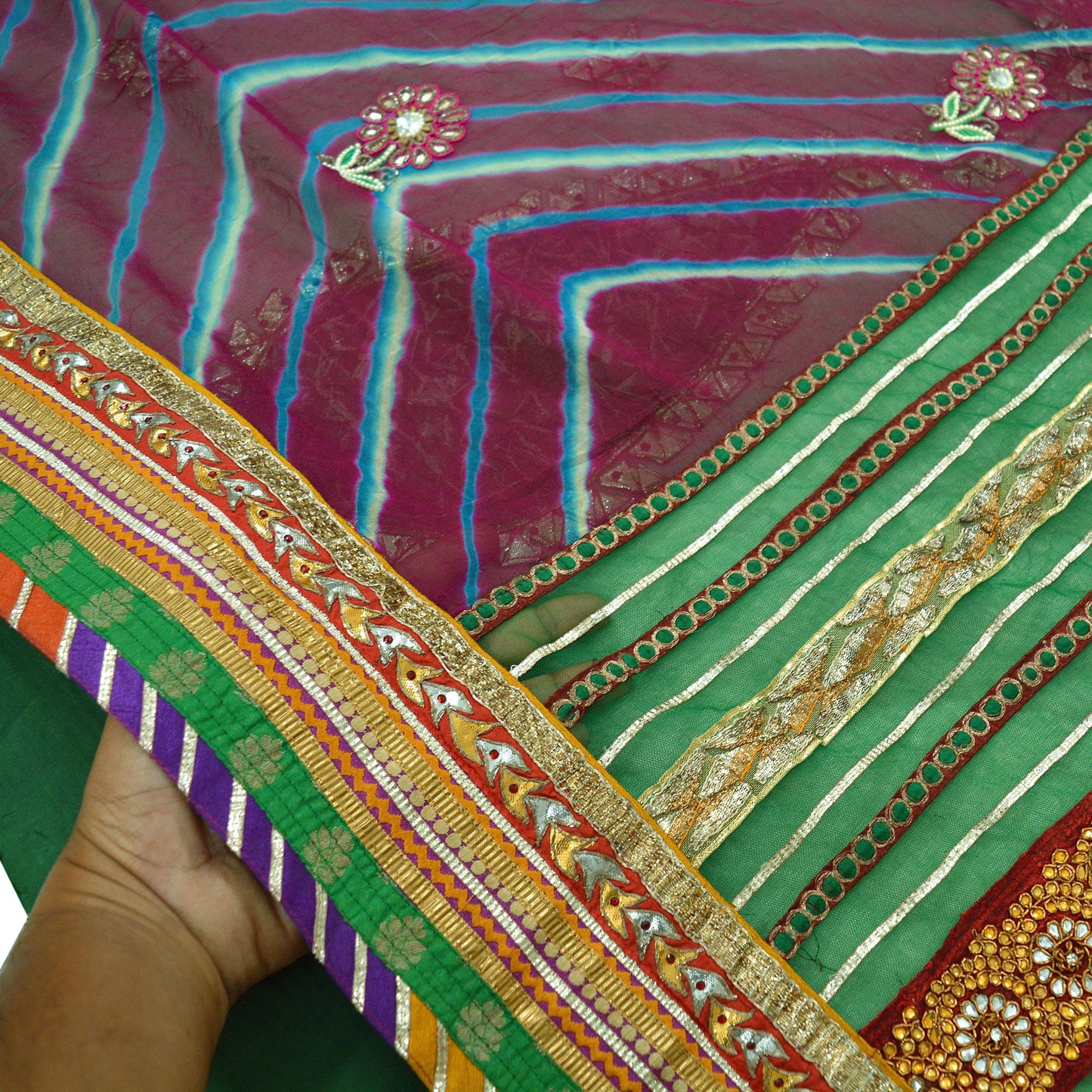 Indian Vintage Sari Green & Purple Pure Georgette Silk Net/Mesh Hand Beaded Leheria Sarees Fabric 5Yd Sewing Ethnic Gota Patti Zardozi/Dabka