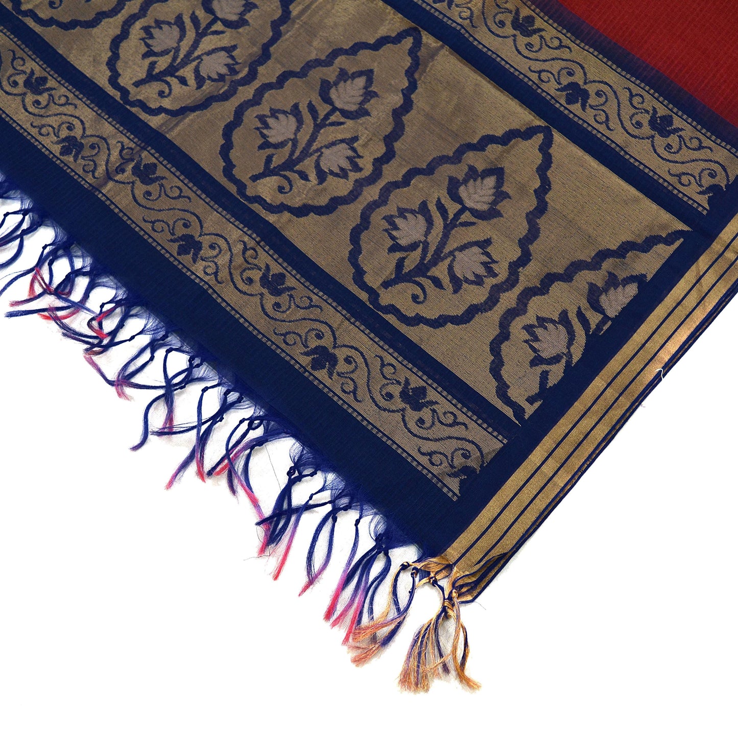 Indian Vintage Dupatta Red & Blue Long Stole Hand Woven Pure Chanderi Silk Scarves Veil Zari Soft Fringes Scarf Wrap Boho