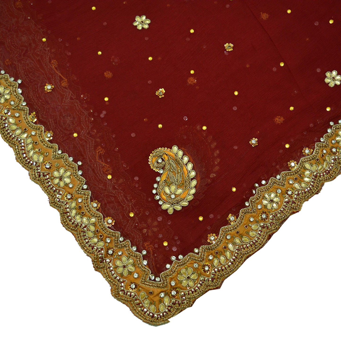Indian Vintage Red Dupatta Pure Chiffon silk Long Stole Hand Embroidered Scarves Floral Design Stole Veil Wrap Zardozi/dabka Gota Patti