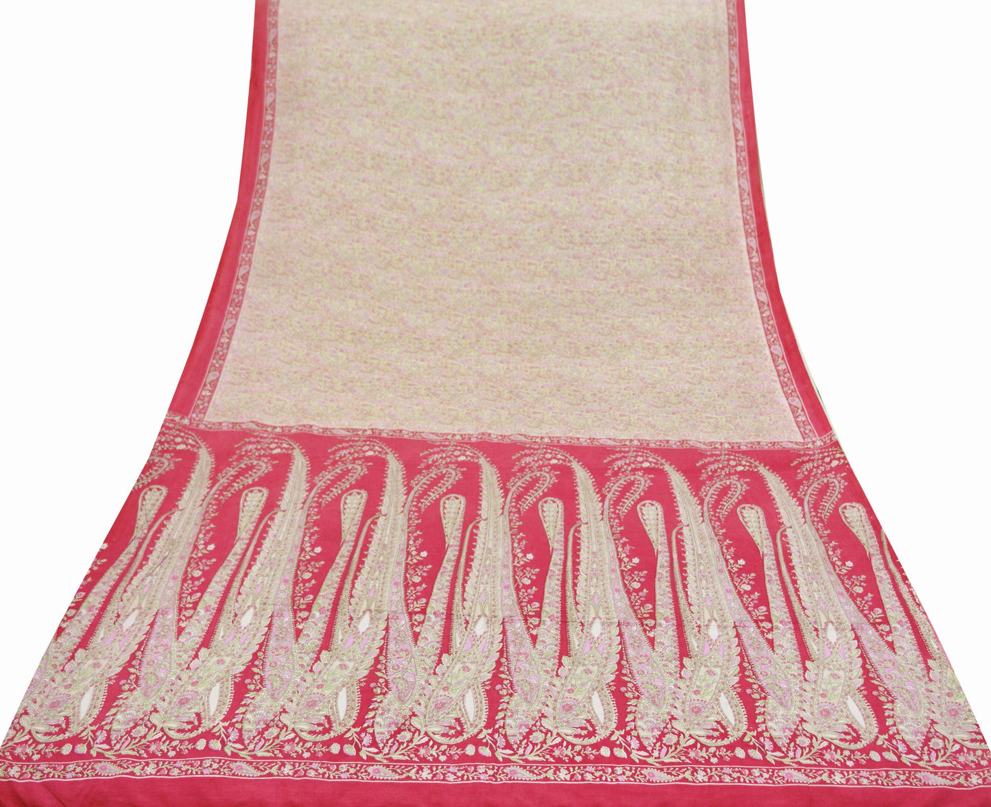 Indian Vintage Sari Red & Beige 100% Pure Silk Printed Sarees 5yd Craft Fabric Sewing Soft Dress Making Paisley Quilting Upcycle Crafting