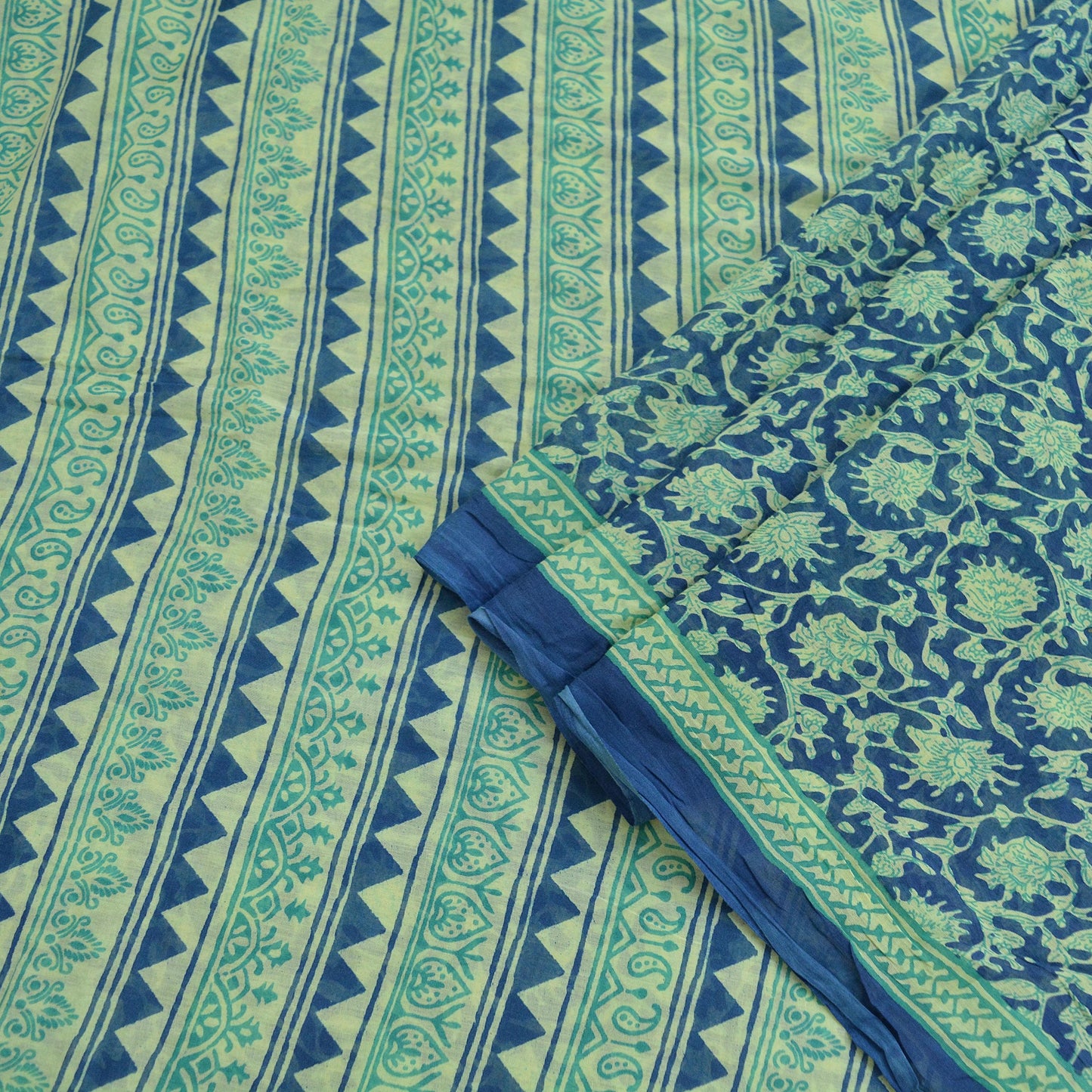 Indian Vintage Sari Blue & Ivory Printed Pure Cotton Sarees Craft Fabric 5Yd Soft Sewing Sarong Wrap Boho Floral Quilting Crafting Upcycle