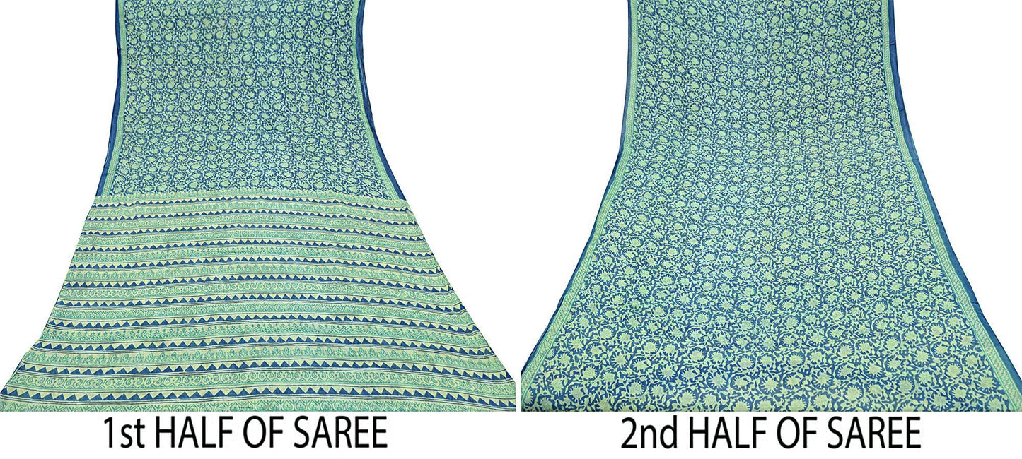 Indian Vintage Sari Blue & Ivory Printed Pure Cotton Sarees Craft Fabric 5Yd Soft Sewing Sarong Wrap Boho Floral Quilting Crafting Upcycle