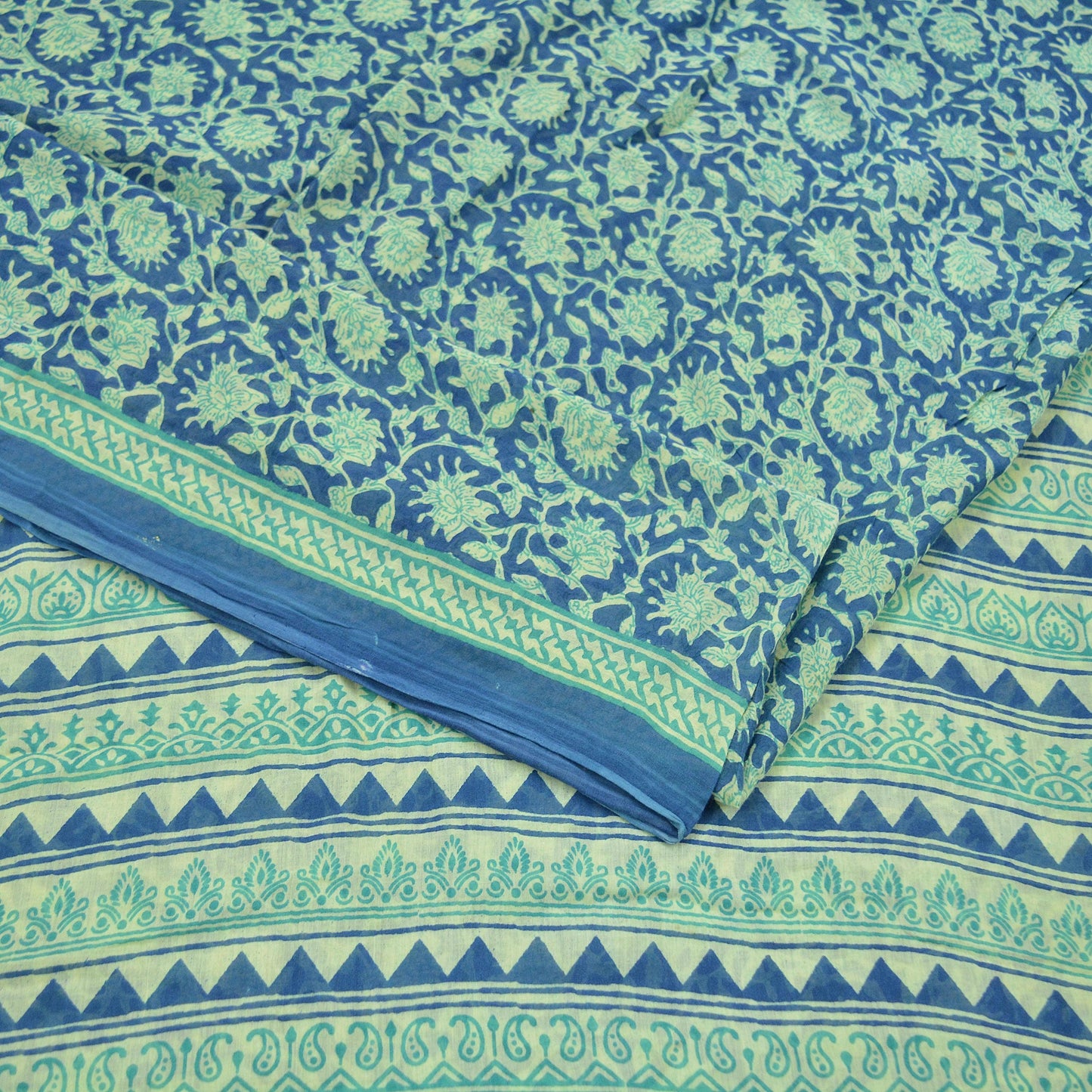 Indian Vintage Sari Blue & Ivory Printed Pure Cotton Sarees Craft Fabric 5Yd Soft Sewing Sarong Wrap Boho Floral Quilting Crafting Upcycle