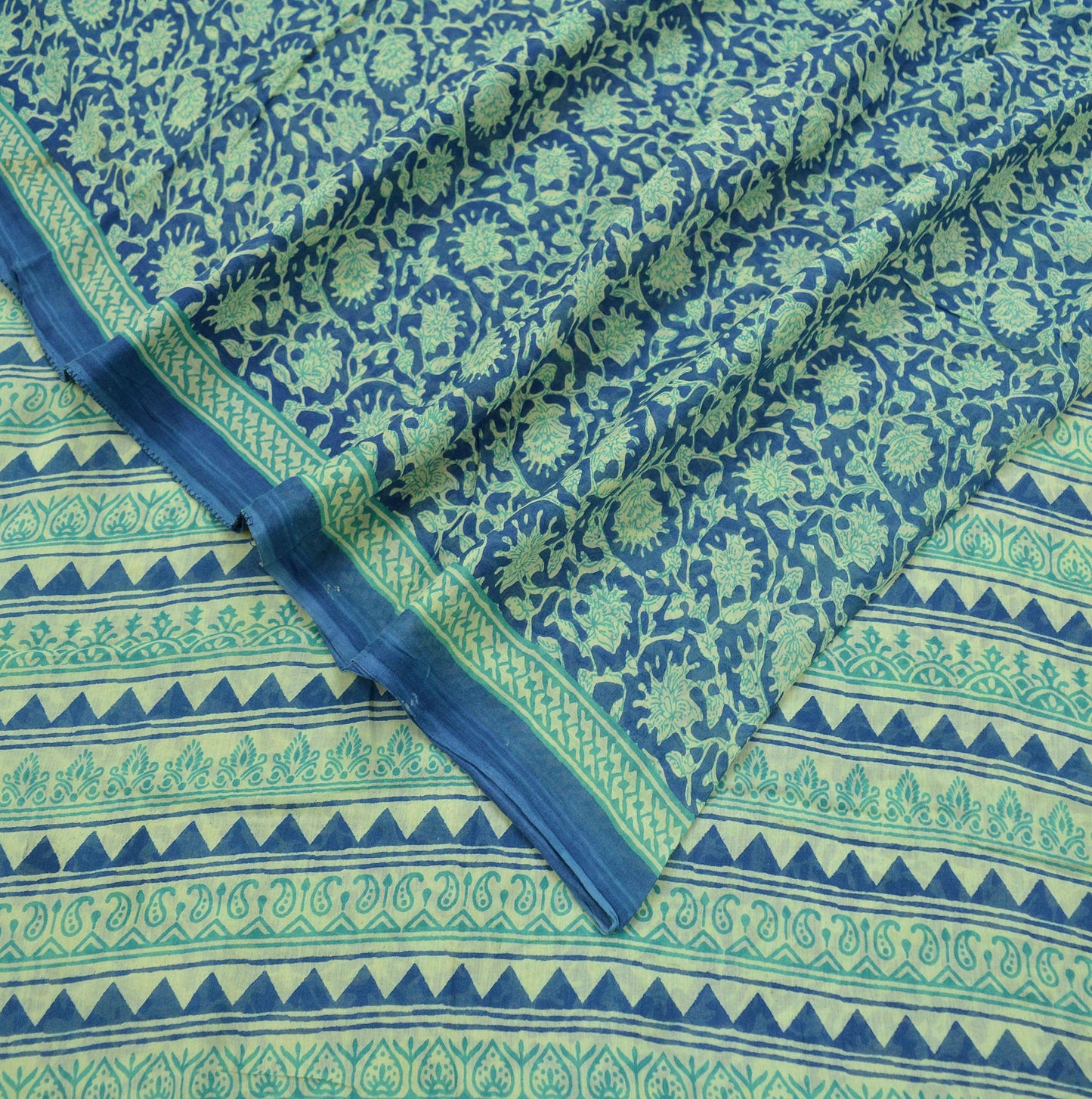 Indian Vintage Sari Blue & Ivory Printed Pure Cotton Sarees Craft Fabric 5Yd Soft Sewing Sarong Wrap Boho Floral Quilting Crafting Upcycle