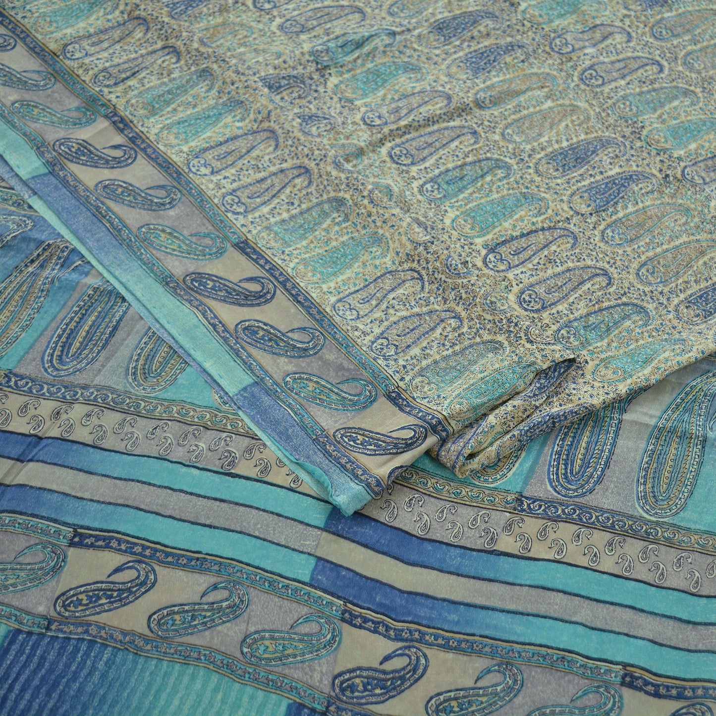 Indian Vintage Sari Beige & Green Pure Crepe Silk Printed Sarees 5yd Sewing Soft Craft Fabric Wrap Paisley Crafting Dress making Quilting