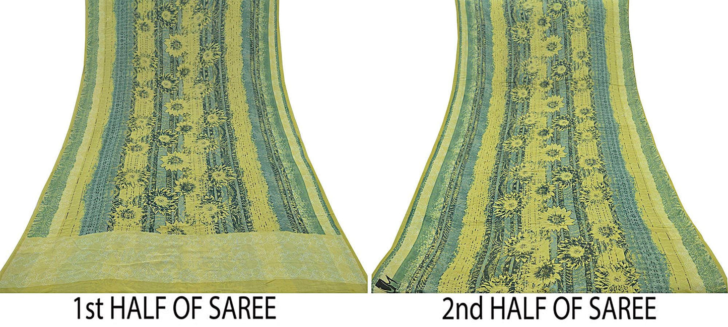 Indian Vintage Sari Green Pure Georgette Silk Printed Sarees 6Yd Craft Fabric Sewing Soft Dress Making Floral Quilting Used Upcycle