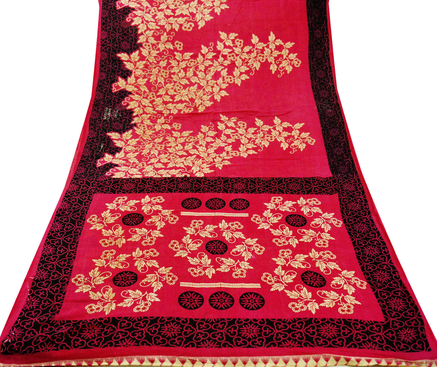 Indian Vintage Sari Ivory & Pink Printed Blend Cotton Saree Craft Soft Fabric 5Yard Sewing Sarong Wrap Boho Floral