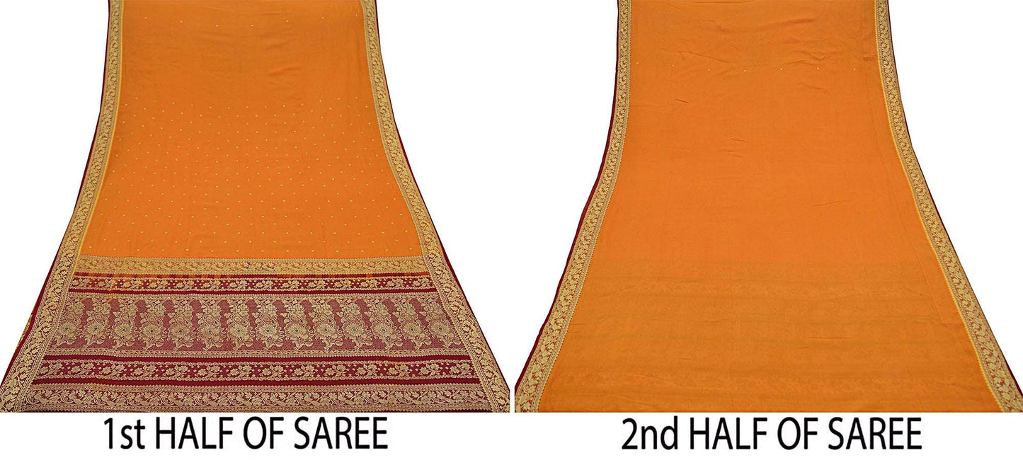 Indian Vintage Sari Saffron & Maroon Pure Cotton Hand Woven Saree 5yd Craft Fabric Ethnic Soft Floral Dress Making Crafting Quilting Upcycle