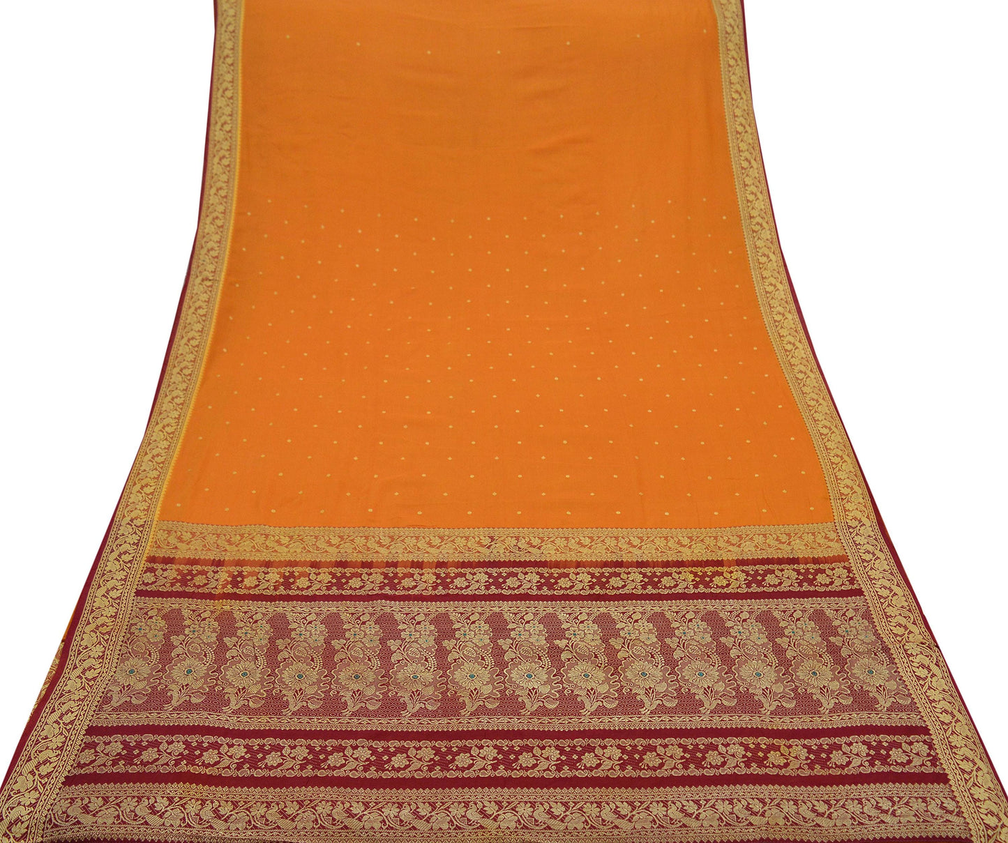 Indian Vintage Sari Saffron & Maroon Pure Cotton Hand Woven Saree 5yd Craft Fabric Ethnic Soft Floral Dress Making Crafting Quilting Upcycle