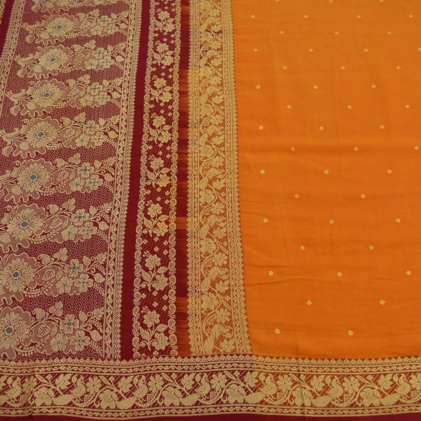 Indian Vintage Sari Saffron & Maroon Pure Cotton Hand Woven Saree 5yd Craft Fabric Ethnic Soft Floral Dress Making Crafting Quilting Upcycle