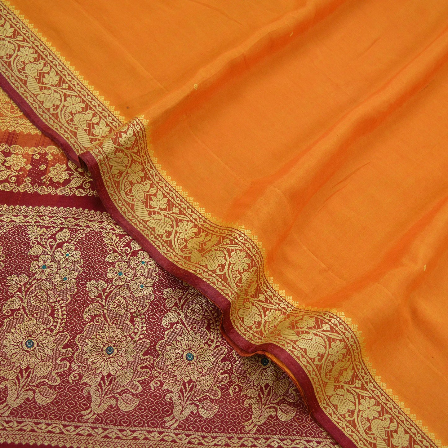 Indian Vintage Sari Saffron & Maroon Pure Cotton Hand Woven Saree 5yd Craft Fabric Ethnic Soft Floral Dress Making Crafting Quilting Upcycle