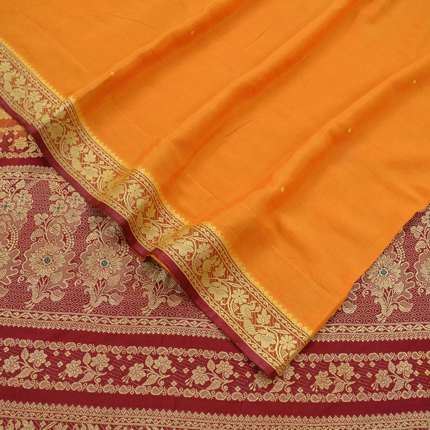 Indian Vintage Sari Saffron & Maroon Pure Cotton Hand Woven Saree 5yd Craft Fabric Ethnic Soft Floral Dress Making Crafting Quilting Upcycle