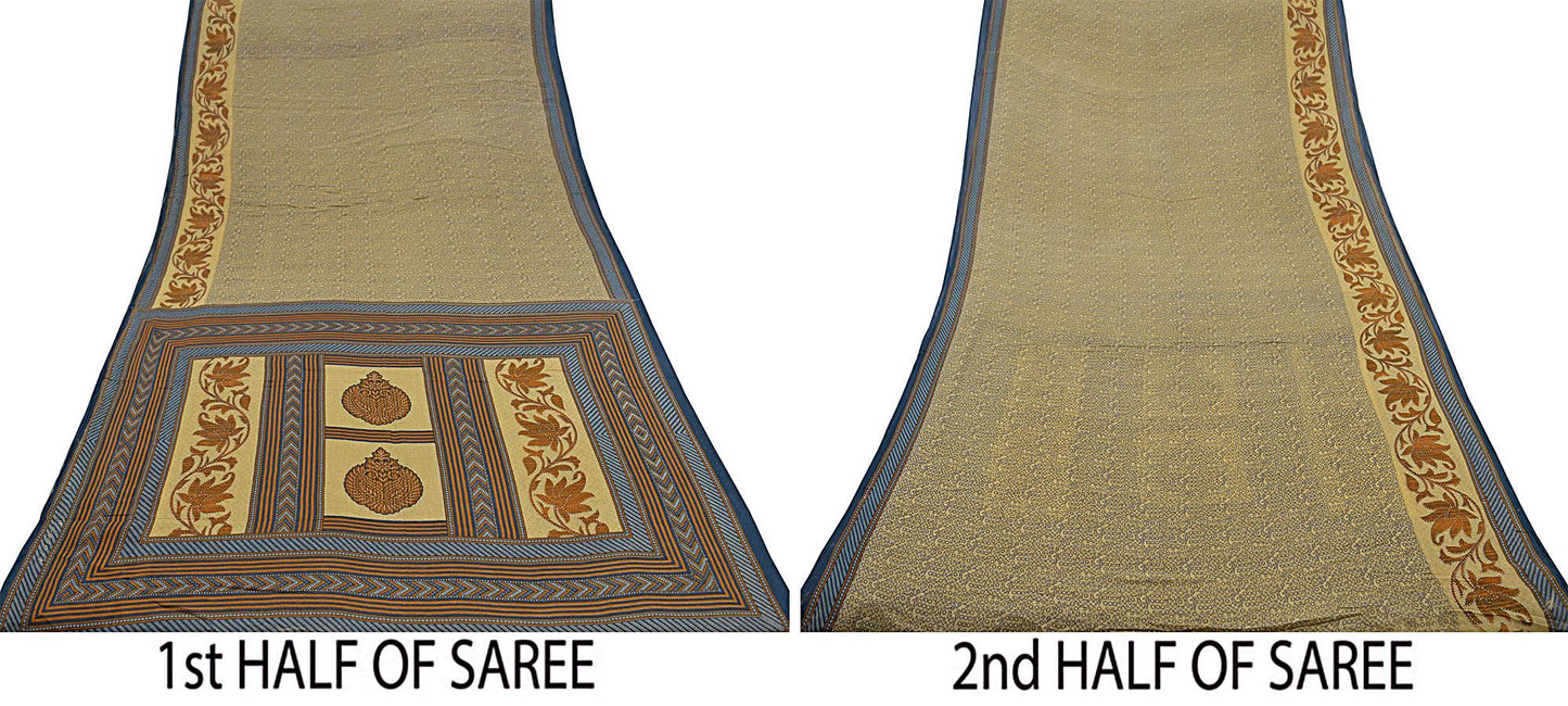 Indian Vintage Sari Blue & Beige Printed Saree 100% Pure Cotton Craft Fabric 5Yd Soft Sewing Sarong Wrap Floral Upcycle Crafting Quilting
