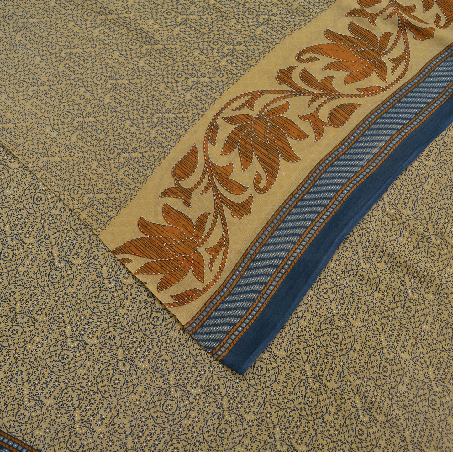 Indian Vintage Sari Blue & Beige Printed Saree 100% Pure Cotton Craft Fabric 5Yd Soft Sewing Sarong Wrap Floral Upcycle Crafting Quilting