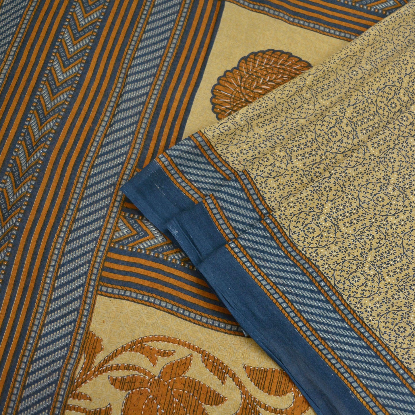 Indian Vintage Sari Blue & Beige Printed Saree 100% Pure Cotton Craft Fabric 5Yd Soft Sewing Sarong Wrap Floral Upcycle Crafting Quilting