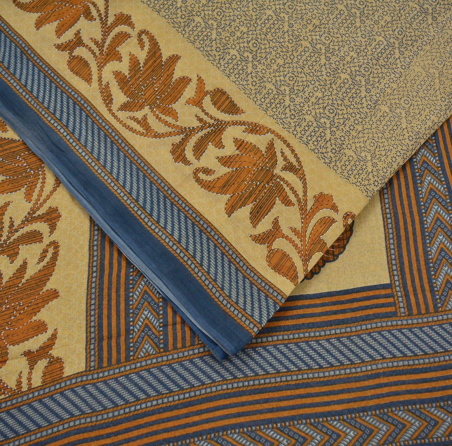 Indian Vintage Sari Blue & Beige Printed Saree 100% Pure Cotton Craft Fabric 5Yd Soft Sewing Sarong Wrap Floral Upcycle Crafting Quilting