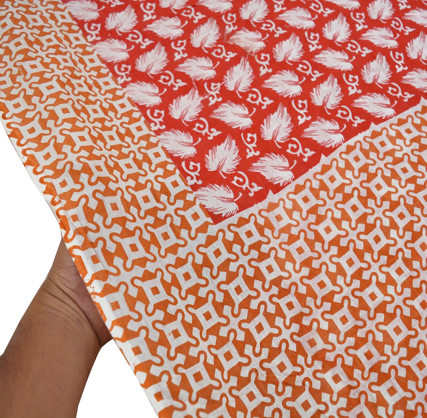 Indian Vintage Saffron & Red Saree Printed Pure Cotton Indian Sari Craft Fabric Soft 5Yd Sewing Sarong Wrap Boho Floral Quilting Crafting