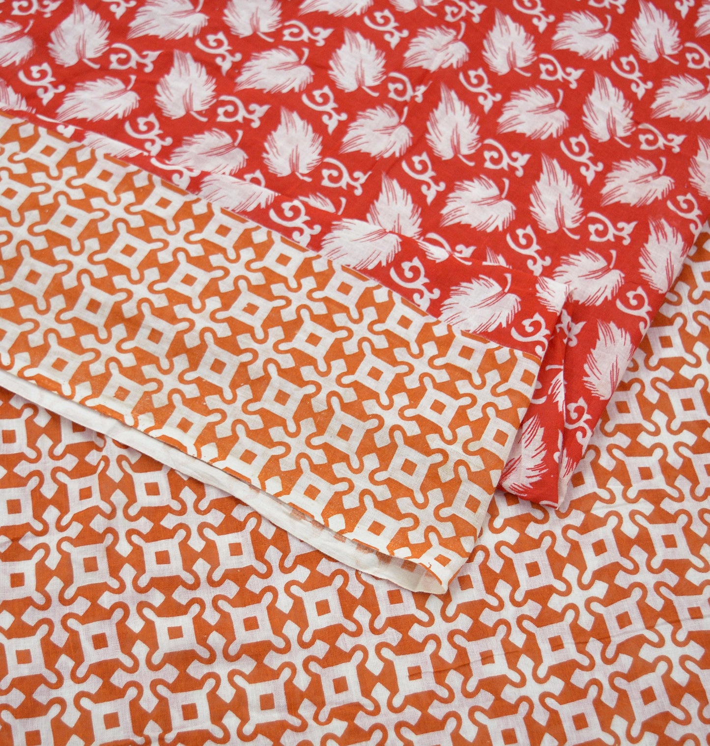 Indian Vintage Saffron & Red Saree Printed Pure Cotton Indian Sari Craft Fabric Soft 5Yd Sewing Sarong Wrap Boho Floral Quilting Crafting