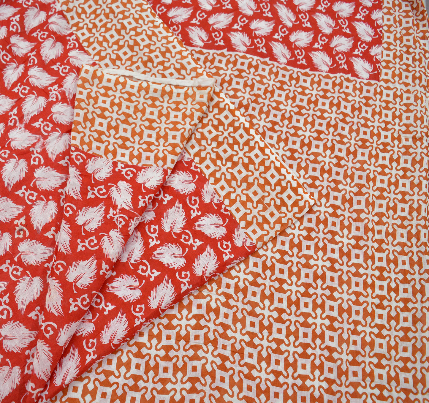 Indian Vintage Saffron & Red Saree Printed Pure Cotton Indian Sari Craft Fabric Soft 5Yd Sewing Sarong Wrap Boho Floral Quilting Crafting
