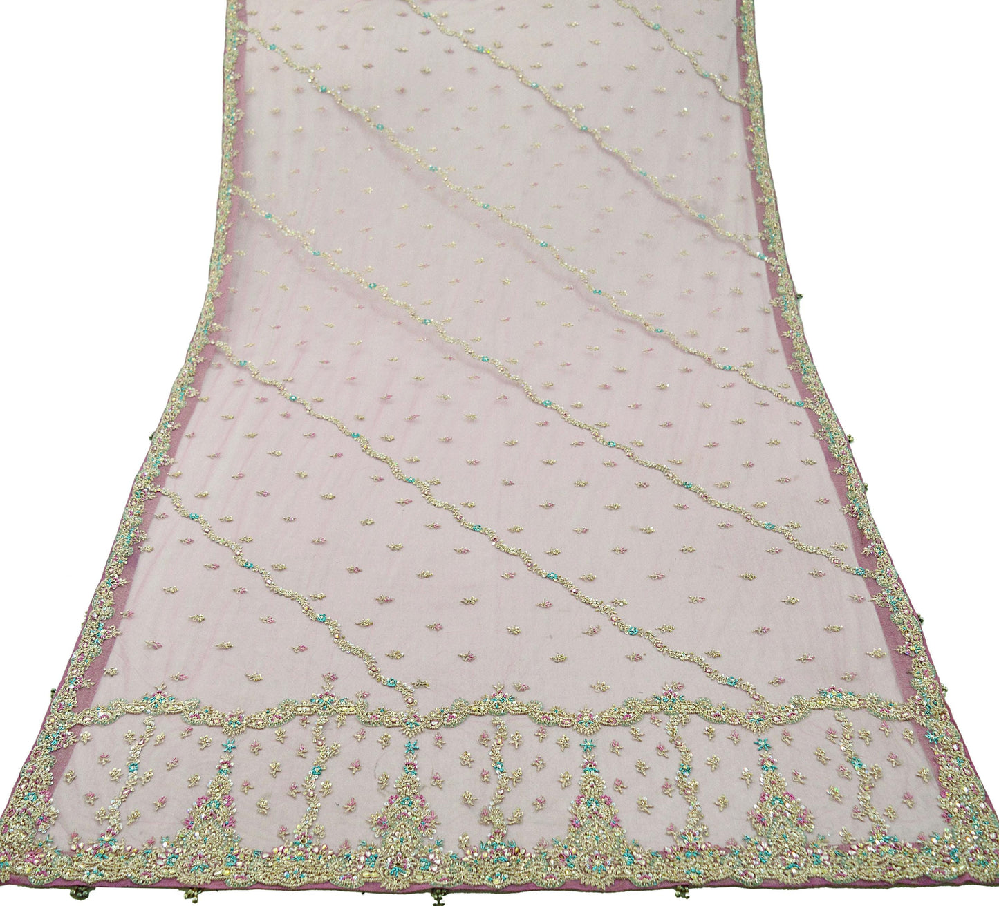 Indian Vintage Heavy Pink Dupatta Net Mesh Long Stole Hand Embroidered Scarves Silver Zardozi Dabka Zari Sequins