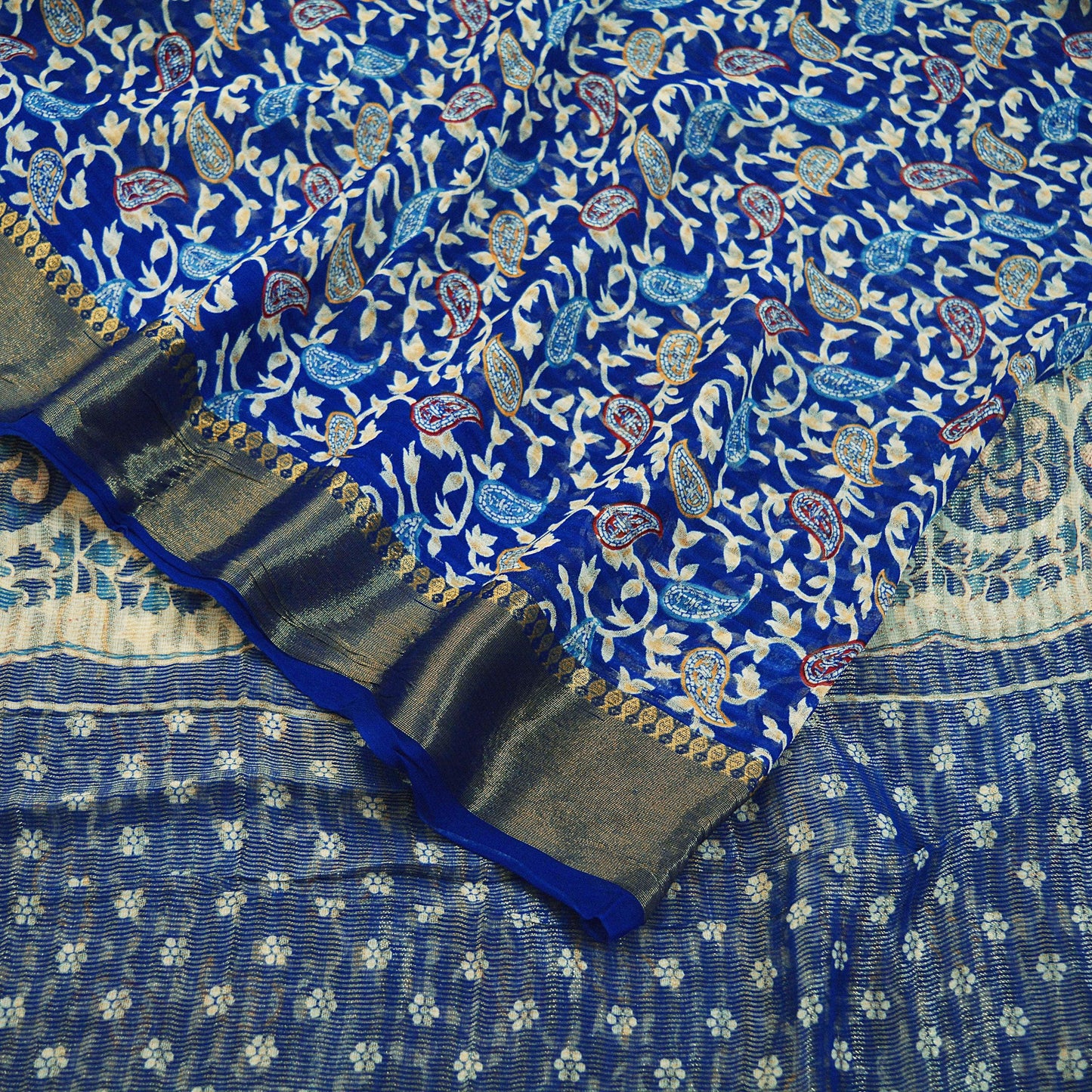 Indian Vintage Sari Blue Printed Sari Blend Cotton Saree Fabric 5Yard Floral Soft Golden Zari Paisley