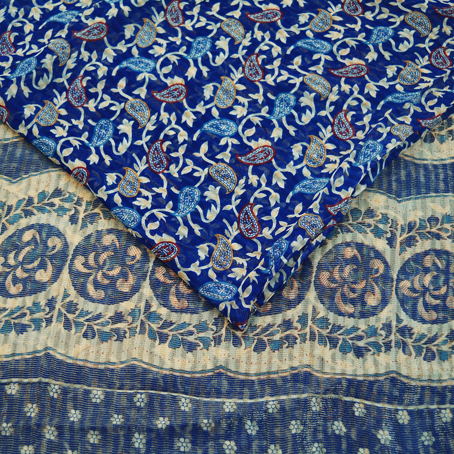 Indian Vintage Sari Blue Printed Sari Blend Cotton Saree Fabric 5Yard Floral Soft Golden Zari Paisley