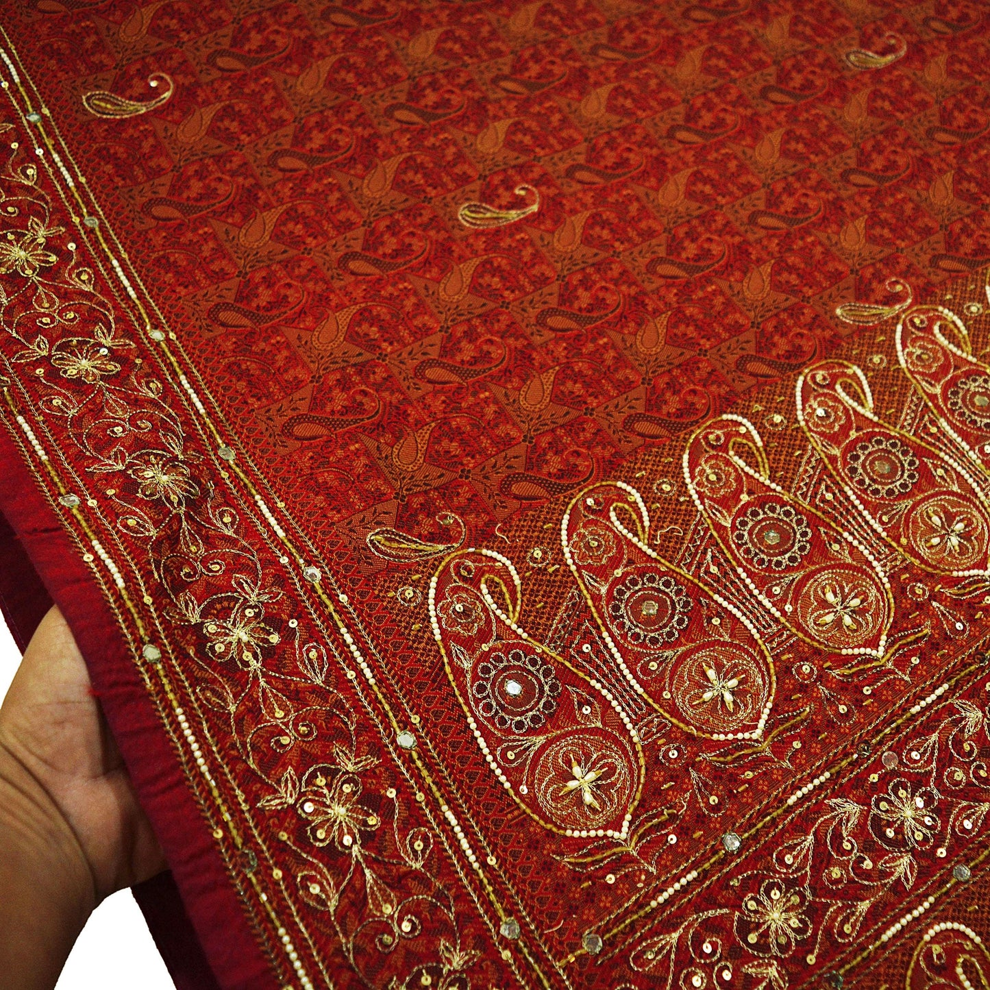 Indian Vintage Maroon Saree Organza hand Embroidered Sari Craft Fabric 5Yd Sewing Ethnic Zari Dress making Upcycle Crafting Quilting