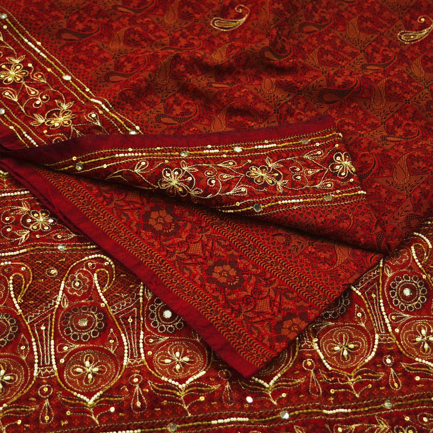Indian Vintage Maroon Saree Organza hand Embroidered Sari Craft Fabric 5Yd Sewing Ethnic Zari Dress making Upcycle Crafting Quilting
