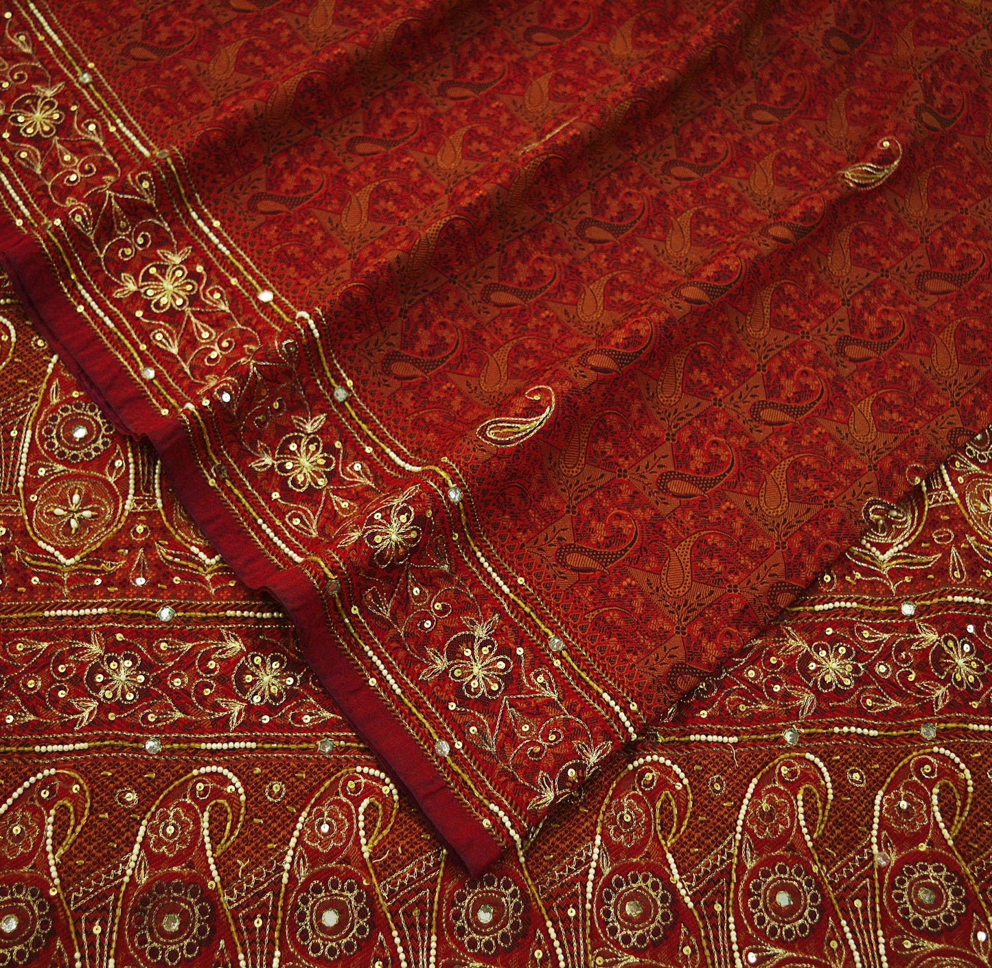Indian Vintage Maroon Saree Organza hand Embroidered Sari Craft Fabric 5Yd Sewing Ethnic Zari Dress making Upcycle Crafting Quilting