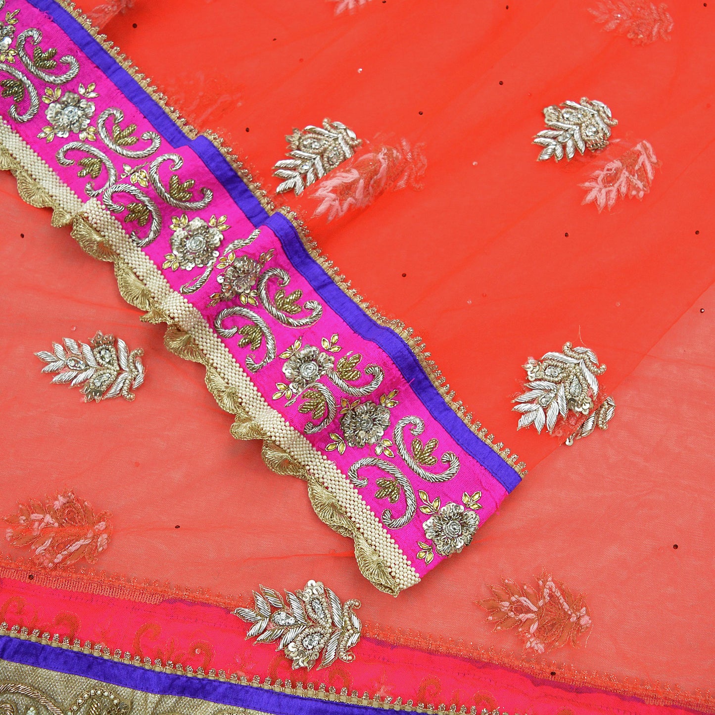 Indian Vintage Heavy Bridal Red Dupatta Net Mesh Long Stole Hand Embroidered Scarves Silver Zardozi Dabka Zari Wedding veil hijab