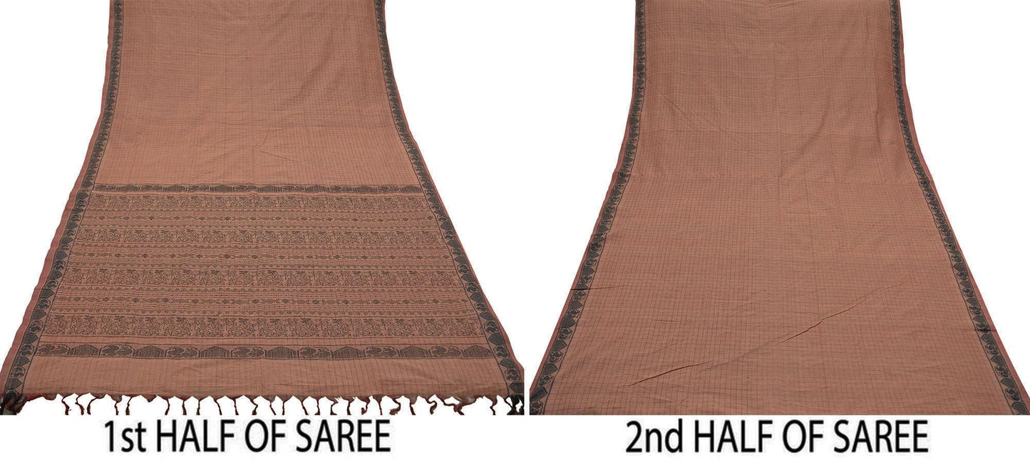 Indian Vintage Sari Brown Pure Cotton Hand Woven Baluchari Saree 5yard Ethnic Humans Fringes
