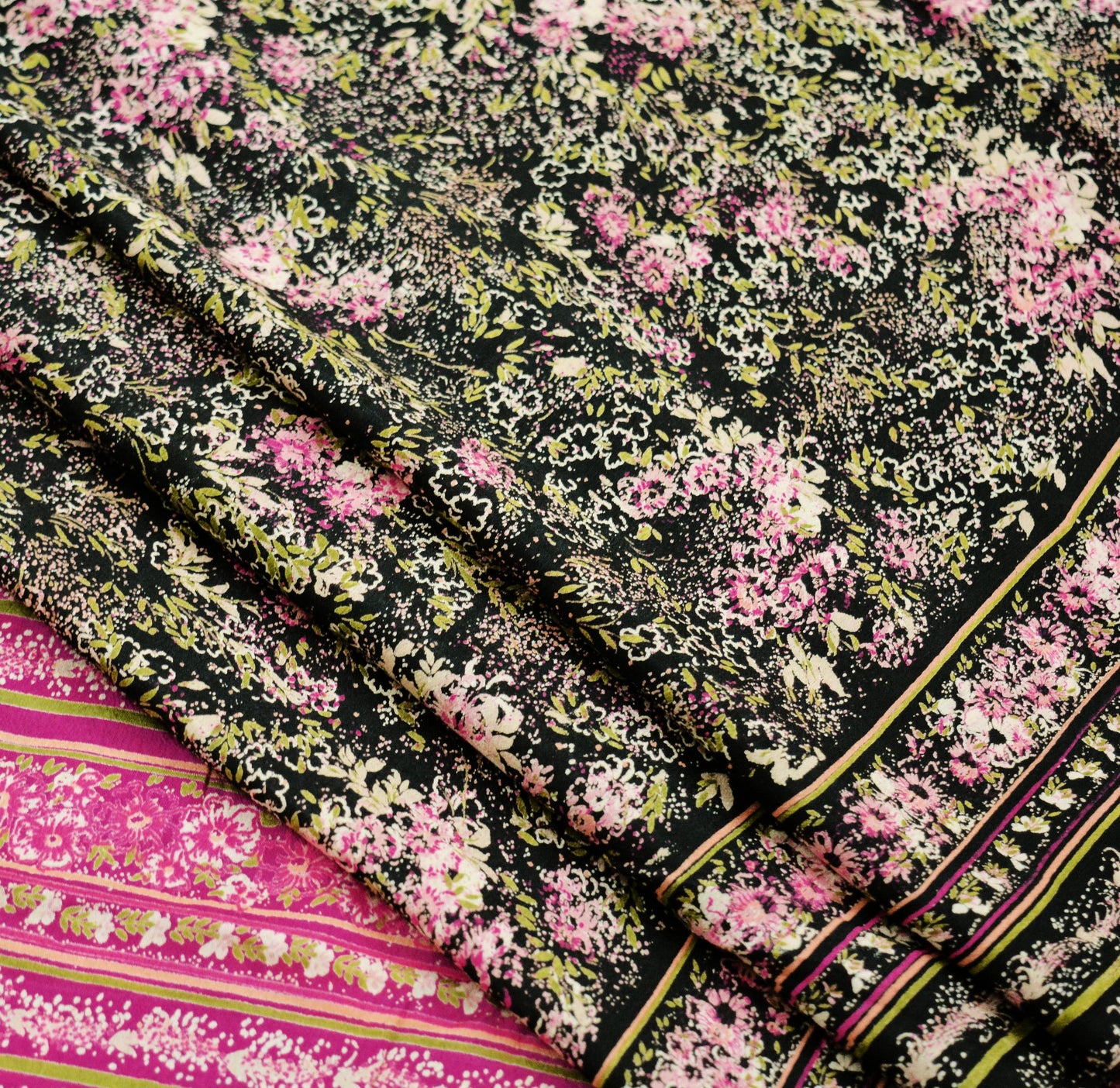 Indian Vintage Sari Pink & Black Printed Pure Silk Sarees 6yd Sewing Craft Fabric Floral Dress Making Soft Quilting Crafting Upcycle Used