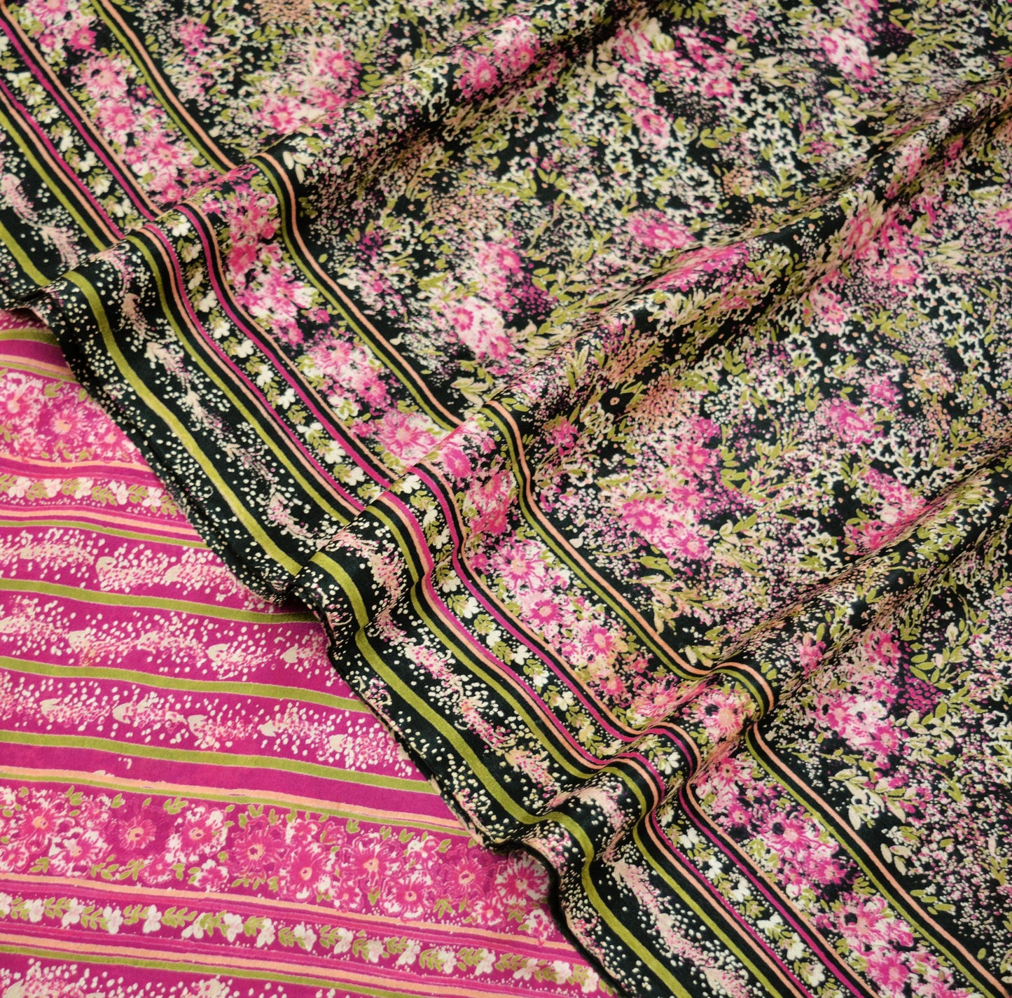 Indian Vintage Sari Pink & Black Printed Pure Silk Sarees 6yd Sewing Craft Fabric Floral Dress Making Soft Quilting Crafting Upcycle Used