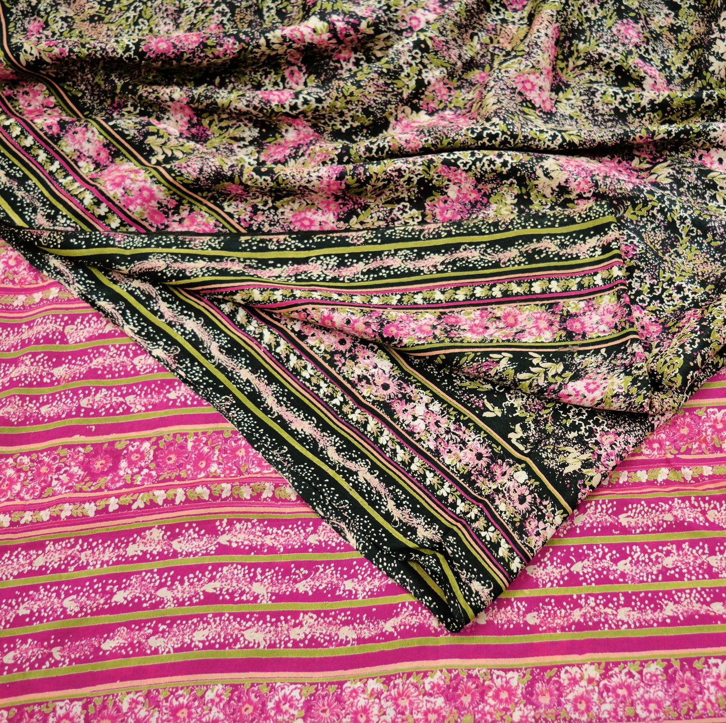 Indian Vintage Sari Pink & Black Printed Pure Silk Sarees 6yd Sewing Craft Fabric Floral Dress Making Soft Quilting Crafting Upcycle Used