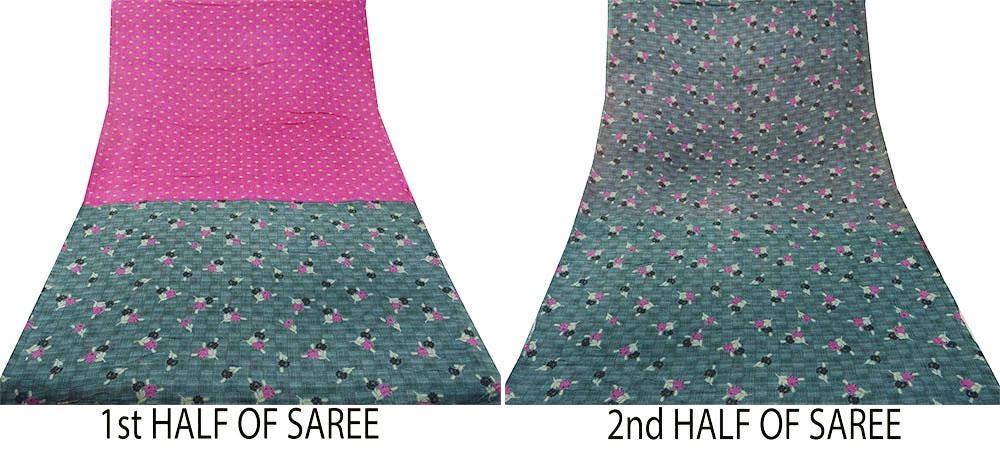 Indian Vintage Sari Gray & Pink Printed Blend Cotton Saree Craft Soft Fabric 5Yard Sewing Sarong Wrap Boho Paisley