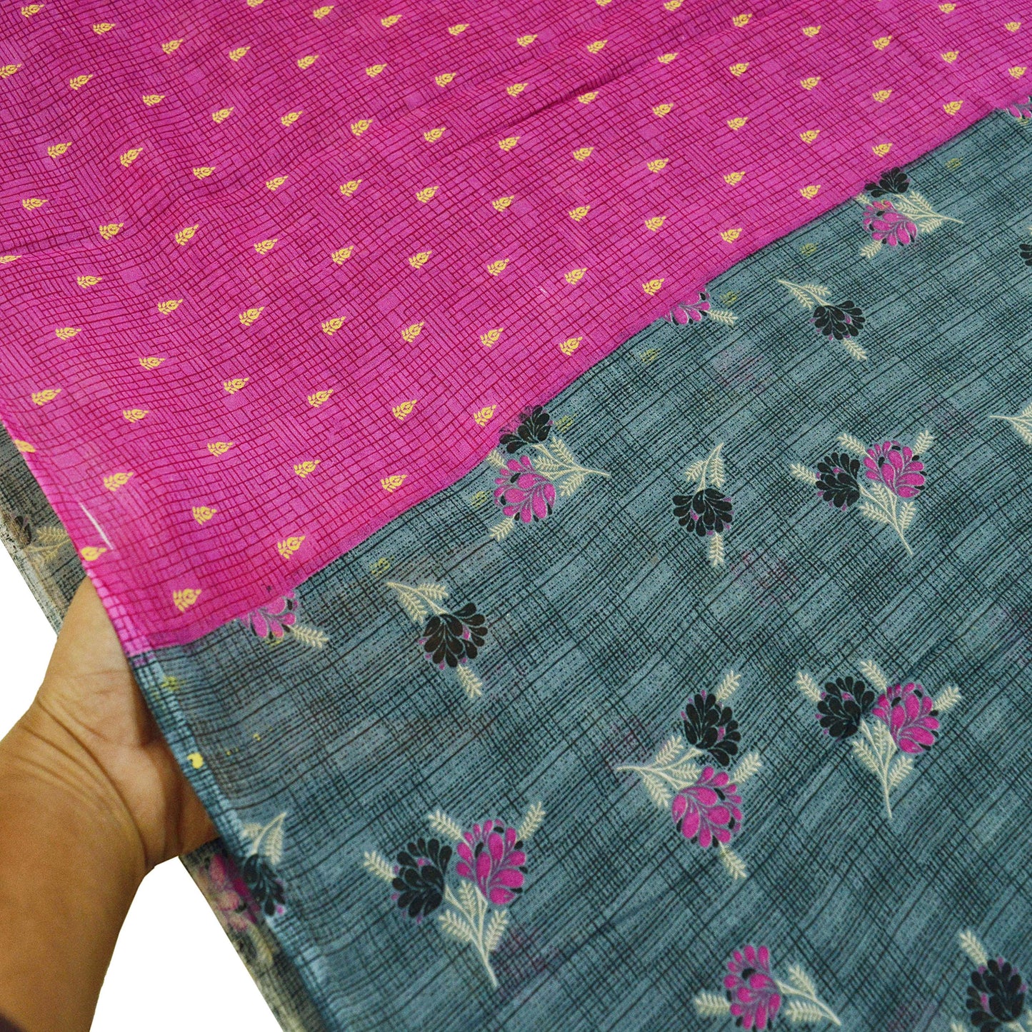 Indian Vintage Sari Gray & Pink Printed Blend Cotton Saree Craft Soft Fabric 5Yard Sewing Sarong Wrap Boho Paisley