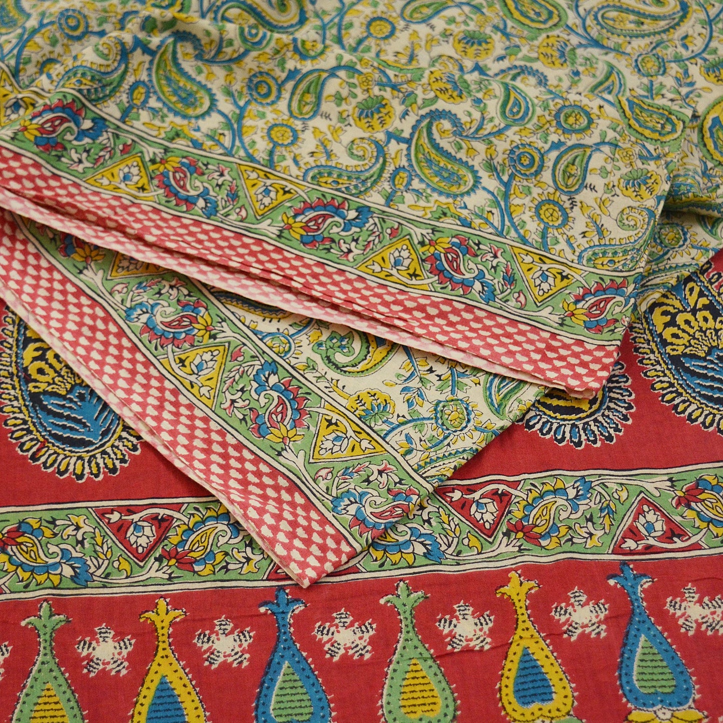 Indian Vintage Sari Red & Ivory Block Printed Pure Cotton Saree Craft Soft Fabric 5Yard Sewing Sarong Wrap Boho Paisley
