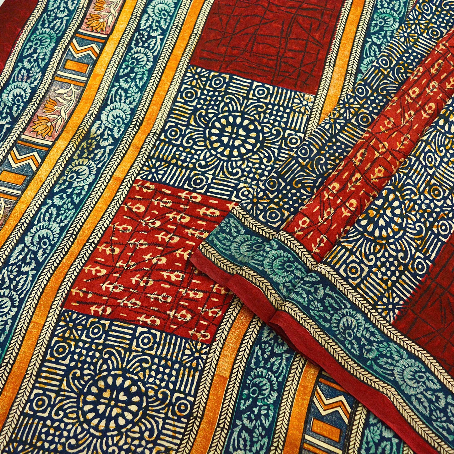 Indian Vintage Sari Multi Pure Crepe Silk Block Printed Saree 5yard Sewing Floral Soft Craft Fabric Wrap