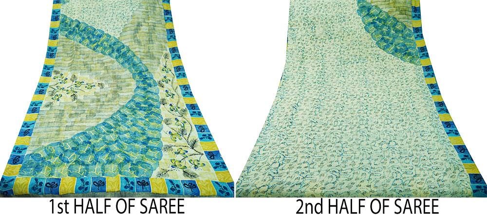 Indian Vintage Sari Ivory & Blue Pure Crepe Silk Printed Saree 5yard Sewing Floral Soft Craft Fabric Wrap