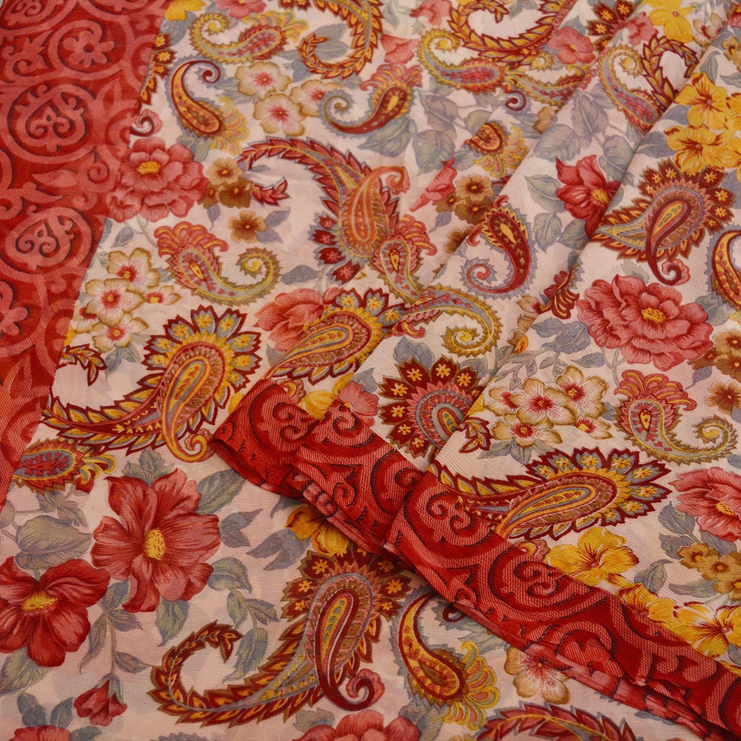 Indian Vintage Sari Red & Ivory Pure Chiffon Silk Saree Craft Fabric Sewing 5Yard Soft Light Sari Dress Making Floral