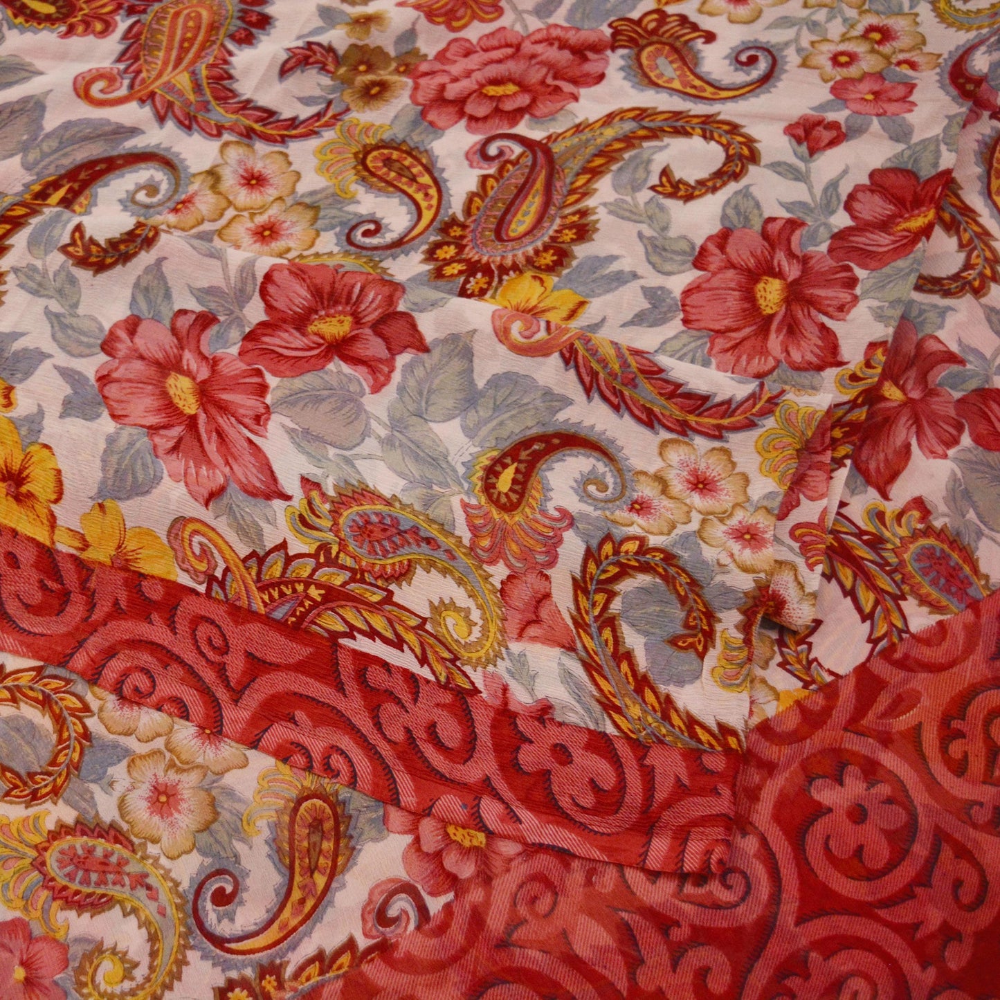 Indian Vintage Sari Red & Ivory Pure Chiffon Silk Saree Craft Fabric Sewing 5Yard Soft Light Sari Dress Making Floral