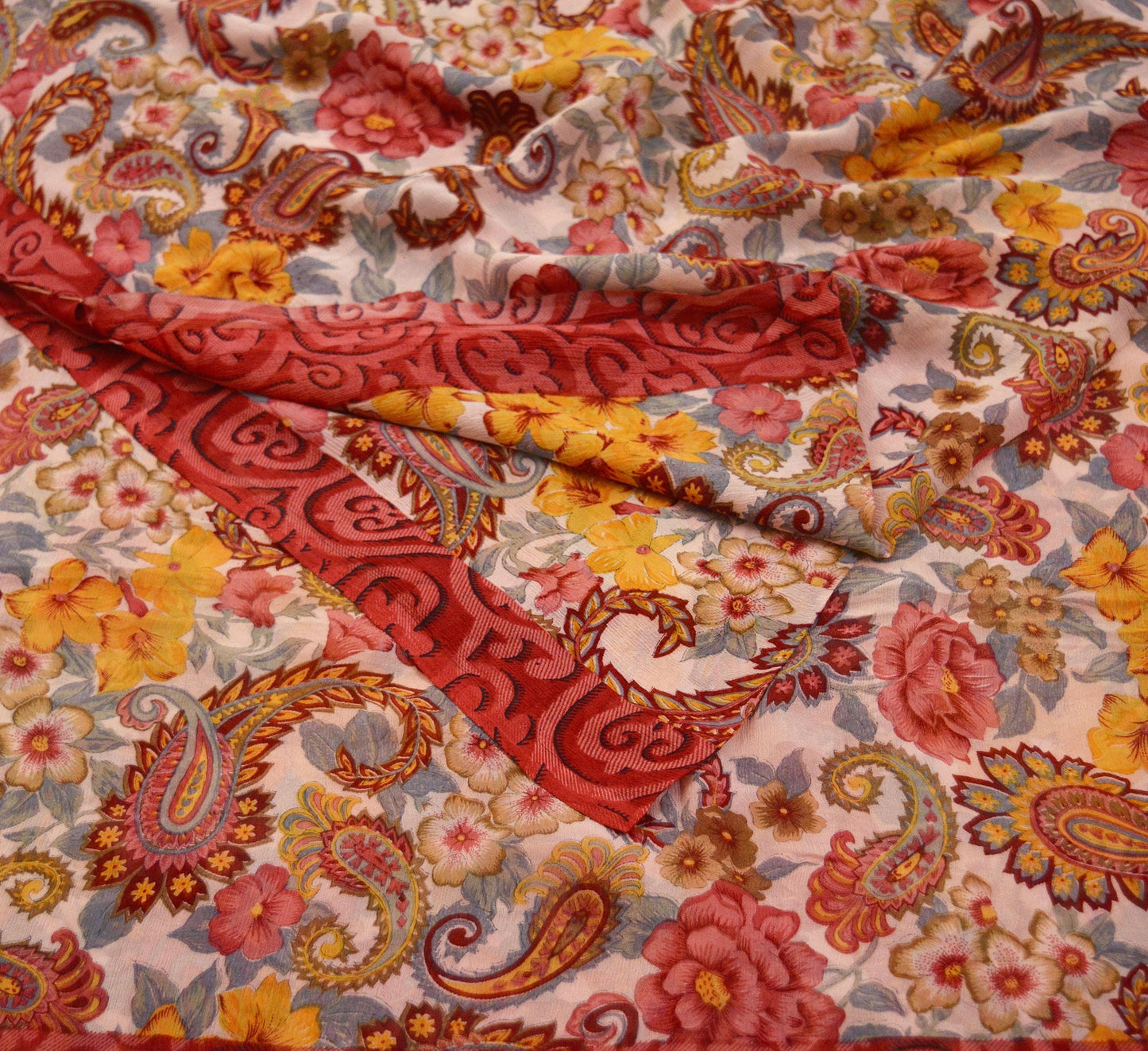 Indian Vintage Sari Red & Ivory Pure Chiffon Silk Saree Craft Fabric Sewing 5Yard Soft Light Sari Dress Making Floral
