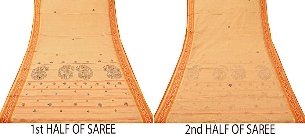 Indian Vintage Sari Peach Pure Cotton Hand Embroidered Saree Kantha Fabric 6yard Sewing Floral Soft Zari