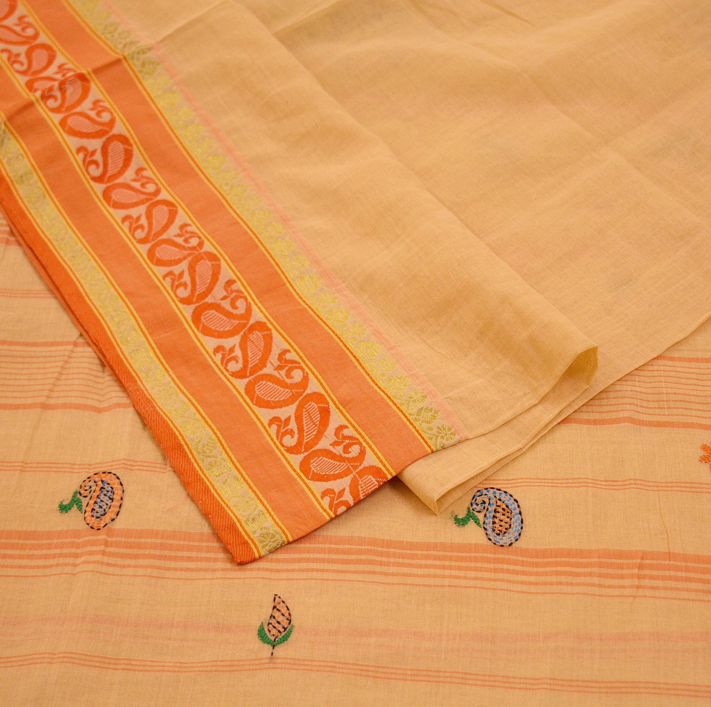 Indian Vintage Sari Peach Pure Cotton Hand Embroidered Saree Kantha Fabric 6yard Sewing Floral Soft Zari